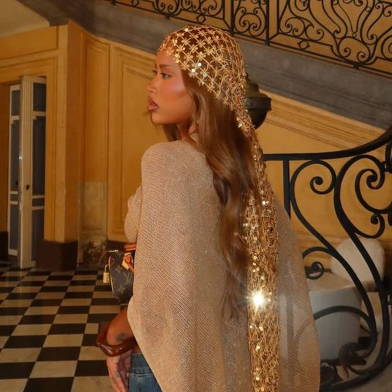 Ethnic Fashion Design - Boho Sequin Mesh Headscarf Gold Black